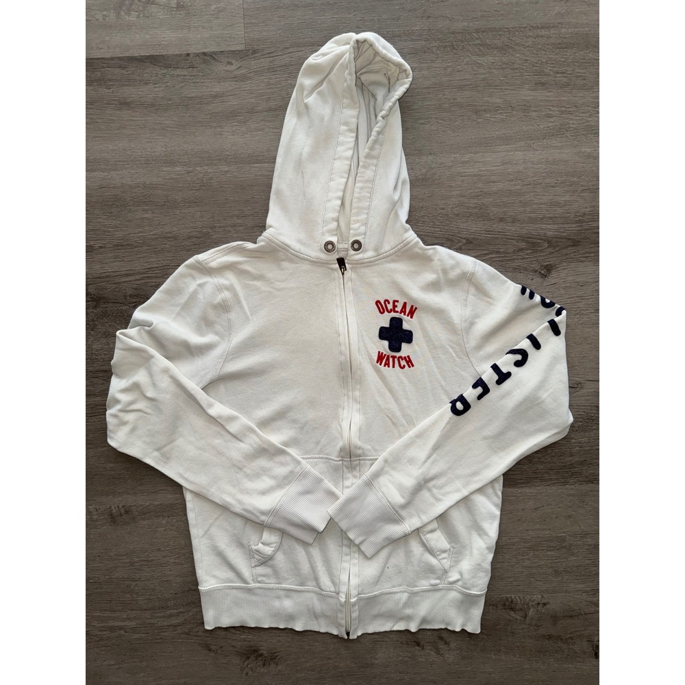 Hollister Men's Y2K White Ocean Watch Patch Zip Up Hoodie, Large